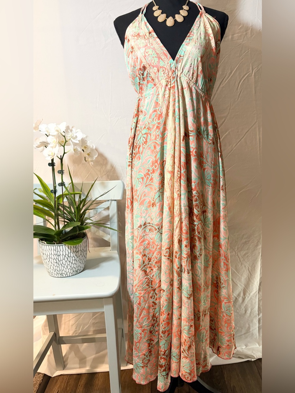 Boho Floral Maxi Dress in Coral and Mint -